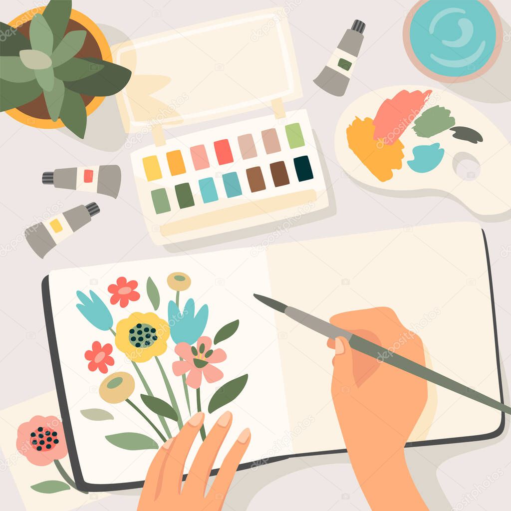 Stay at home. Woman paints flowers in sketchbook. Vector illustration.