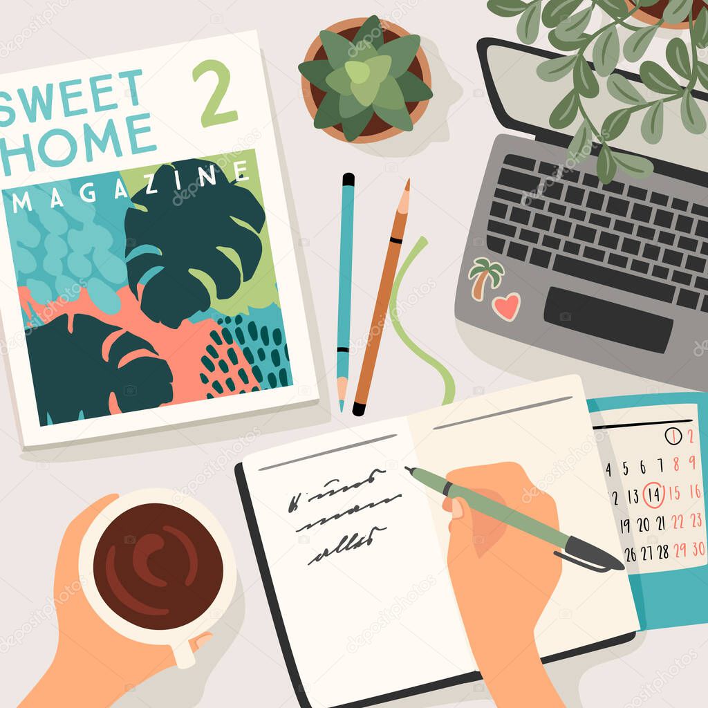 Stay at home. Woman writes in a diary, works at home. Vector illustration.
