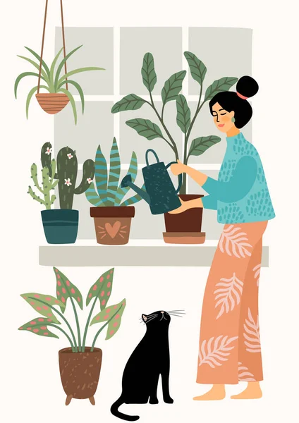 Quédate en casa. Mujer regando planta de interior. Ilustración vectorial . — Vector de stock