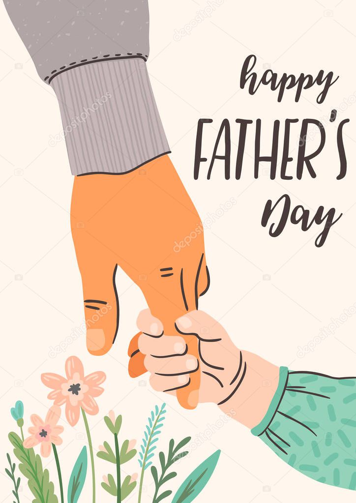 Happy Fathers Day. Vector illustration. Man holds the hand of child.