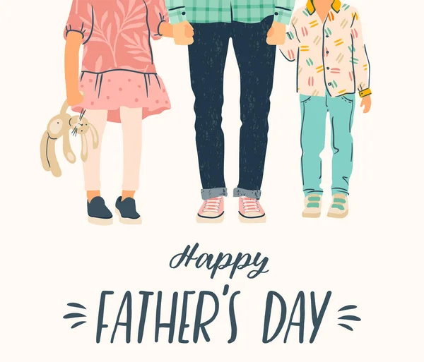 Happy Fathers Day. Vector illustration. Man holds the hand of children. — Stock Vector