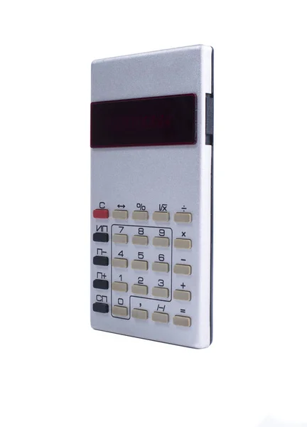 Старый серебряный калькулятор, сделанный СССР на белом фоне — стоковое фото