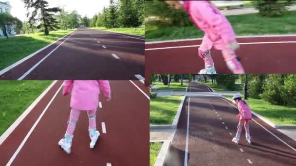 Video collage, chica patinando en el parque en un carril bici — Vídeos de Stock