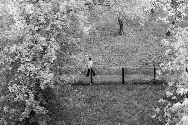 En ensamstående förbipasserande rusar genom parken. svartvit bild — Stockfoto