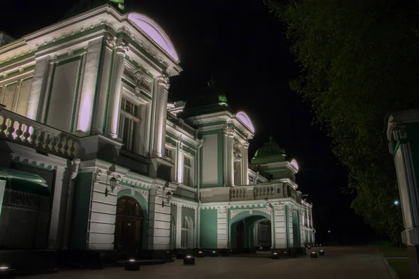 the building of the academic drama theater in Omsk, Siberia, Russia. night landscape