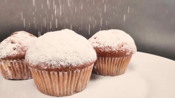 Flavored Cupcake Sprinkle Powdered Sugar Restaurant Slow Motion — Stock Video