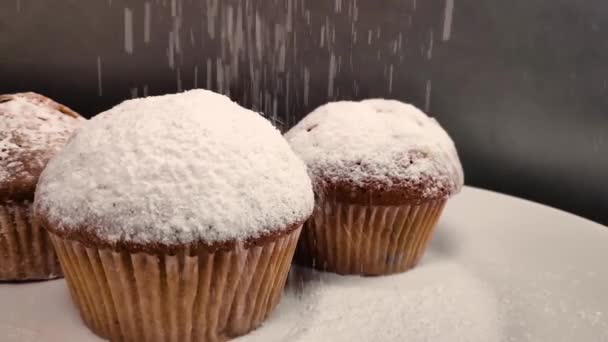 Voňavý dort posypaný práškovým cukrem. zpomalený pohyb — Stock video