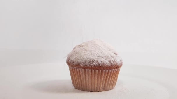 Fragrant cake sprinkled with powdered sugar. slow motion — Stock Video