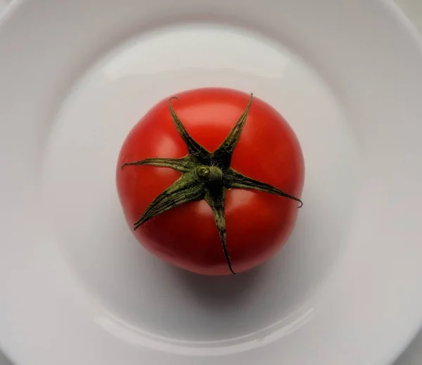 Olgun bir domates beyaz bir tabakta güneş ışığında — Stok fotoğraf