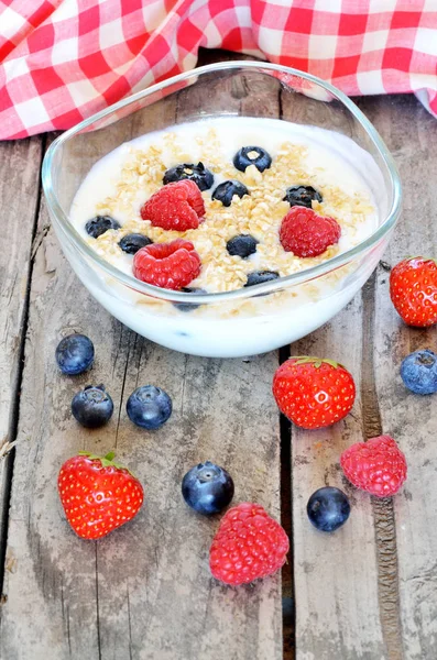 Weißer Joghurt in einer Schüssel mit Haferflocken, Blaubeeren, Himbeeren und Erdbeeren — Stockfoto