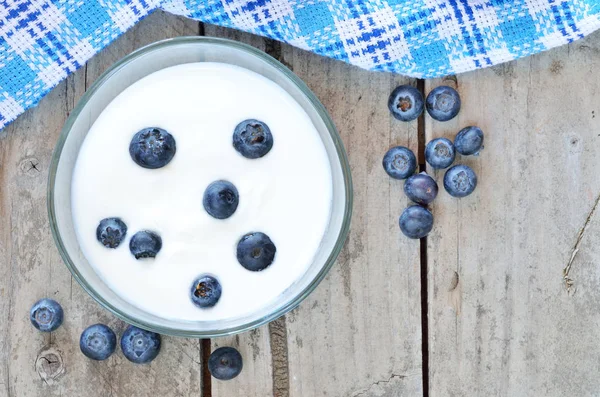 White Bio Yogurt Glass Bowl Blueberries Blue Kitchen Towel Wooden — Stock Photo, Image