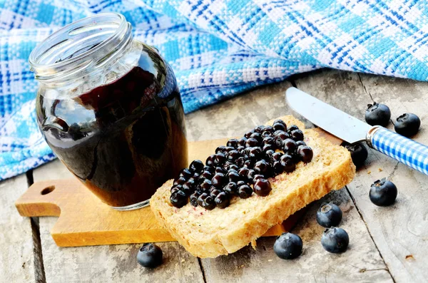 Jar Blueberry Jam Fresh Wild Blueberries Toast Bread Knife Wooden — Stock Photo, Image