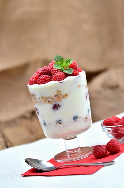 Joghurt mit Haferflocken und frischen Himbeeren im Glas - vertikales Foto — Stockfoto