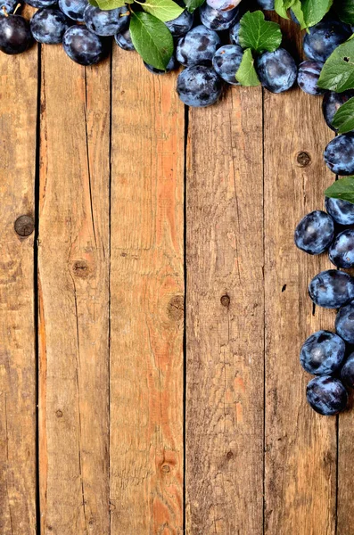 Fresh plums and leaves on rustic wooden background. Frame vIew from above and copy space. — Stock Photo, Image