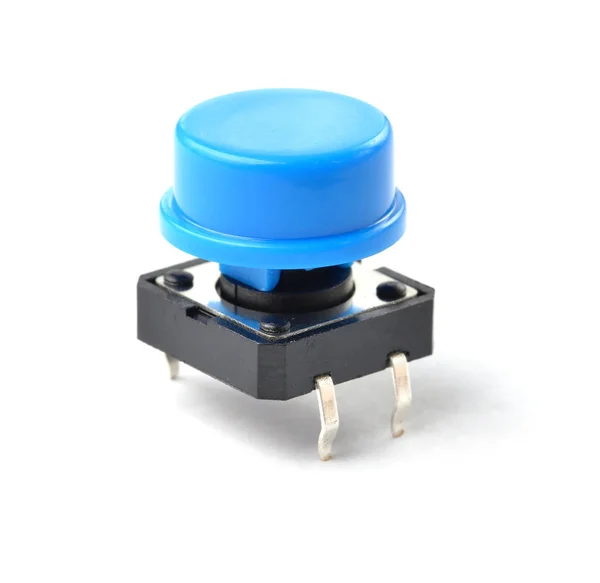 Pequeño interruptor táctil electrónico del botón de palanca con sombrero azul aislado sobre fondo blanco . — Foto de Stock
