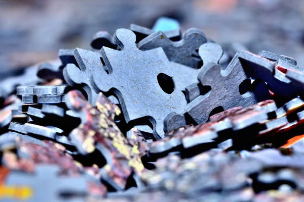 Close-up of stack of puzzle pieces. Blue color. — Stok fotoğraf