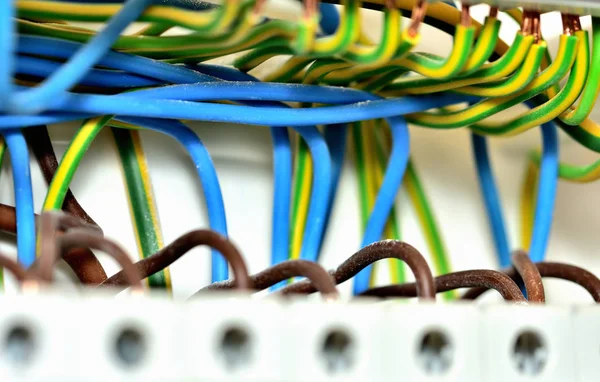 Detail of wiring of electric cables to circuit breakers. Connection according to the Czech Republic standard.