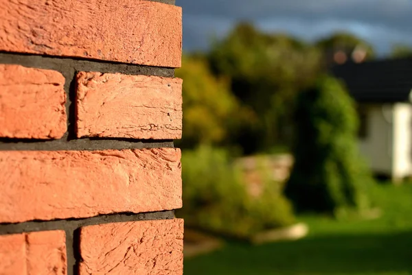 Brick wall in the foreground and summer garden in the background low depth of field. — Stock Photo, Image