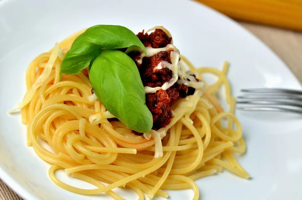 Detalhe da refeição tradicional italiana. Bolonhesa de espaguete com queijo parmesão e manjericão . — Fotografia de Stock