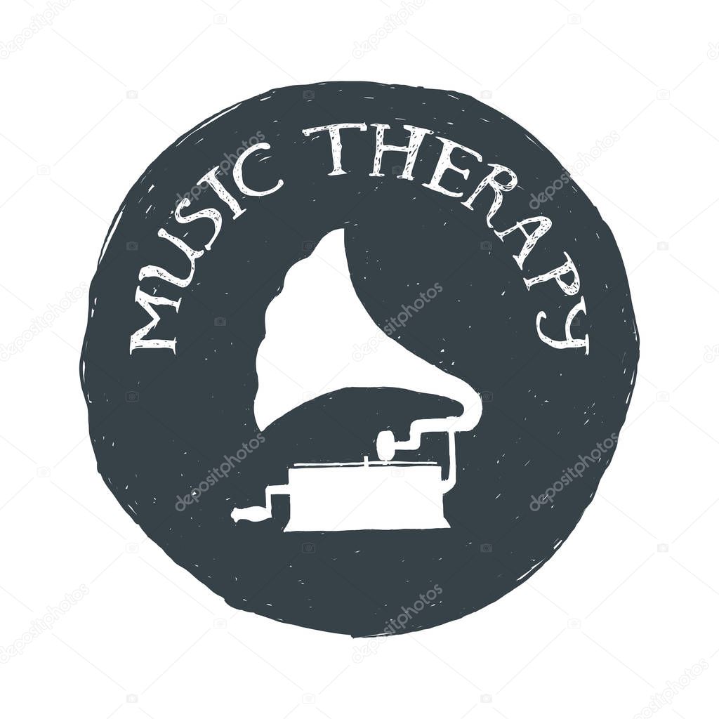 Hand drawn vintage music gramophone. Sketch style. Vector illustration. T-shirt print. Poster. Logo. Hipster. Lettering.