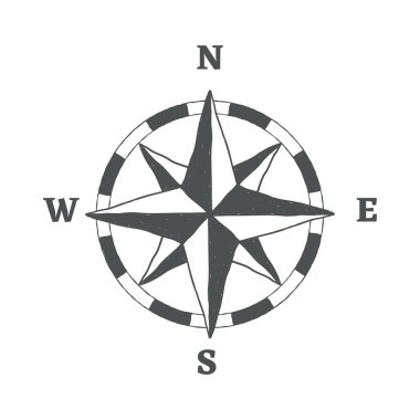 Pusula işareti simgesi. Windrose gezinti simgesi. Grafik tasarım öğesi. El beyaz zemin üzerine çizilmiş vintage simgesi. Vektör.