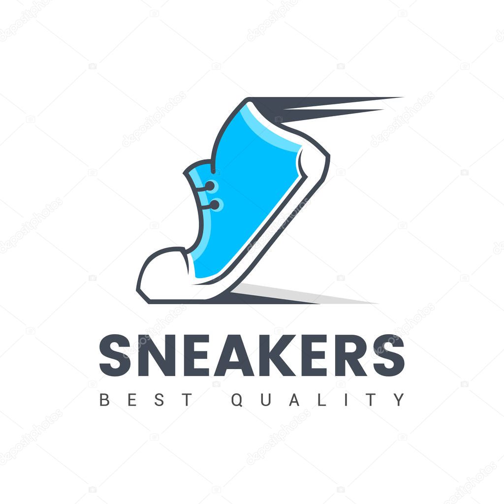 Speeding running sport shoe symbol, icon or logo. Vector illustration. Sneakers.