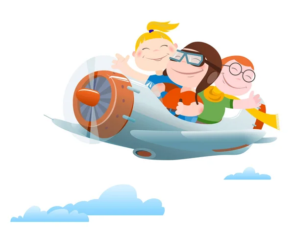 Les enfants volent en avion monomoteur — Image vectorielle