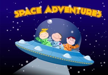 Children in spacesuits ride the alien spaceship clipart
