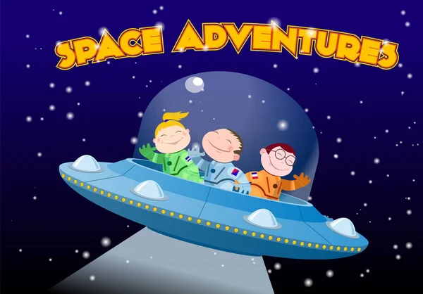 Children in spacesuits ride the alien spaceship — Stock Vector