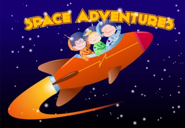 Children in spacesuits ride the rocket clipart