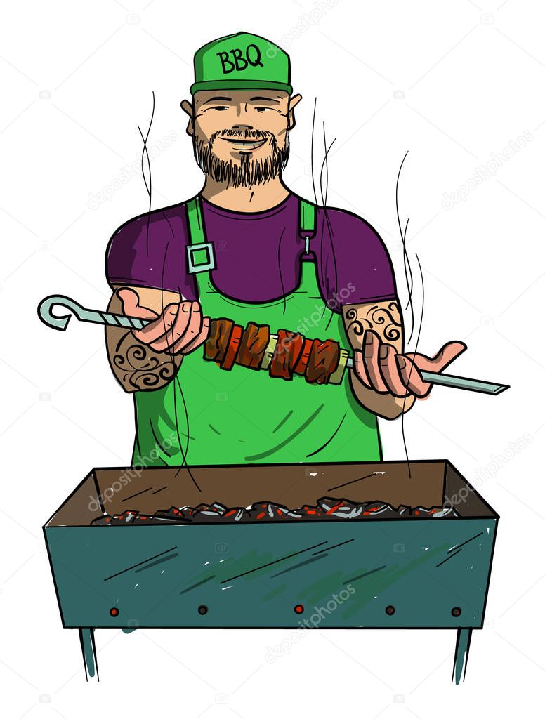 Man prepares a shish kebab