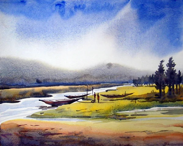 Watercolor Hand painted Landscape Painting — Stock Photo, Image