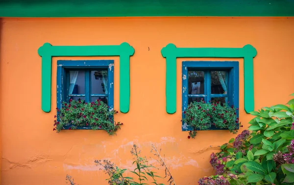 Stary windows colorfull z kwiatami — Zdjęcie stockowe
