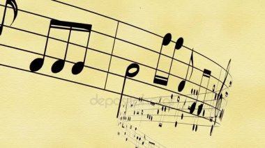 Eski kağıt arka kesintisiz animasyon akan müzik notlar         