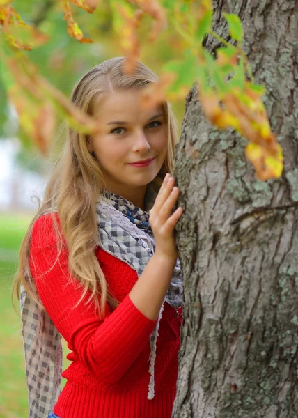 Retrato de una hermosa joven al aire libre en otoño — Foto de Stock