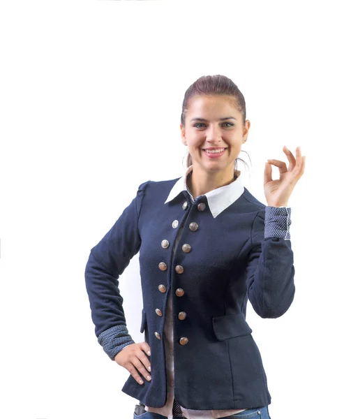 Perfect - business woman showing OK hand sign smiling happy — Stock Photo, Image