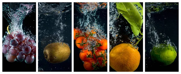 Frukter och grönsaker som faller i vattnet med stänk och bubblor. Collage av foton. — Stockfoto