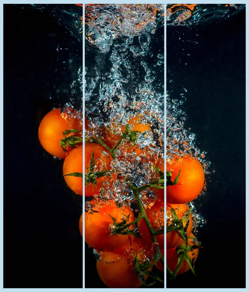 Collage koncept med ett enda foto av en körsbärstomat — Stockfoto