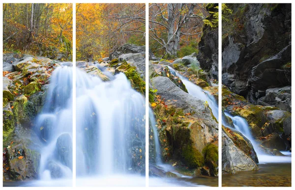 Waterfall in autumn season. Collage of a single photo. — Stock Photo, Image