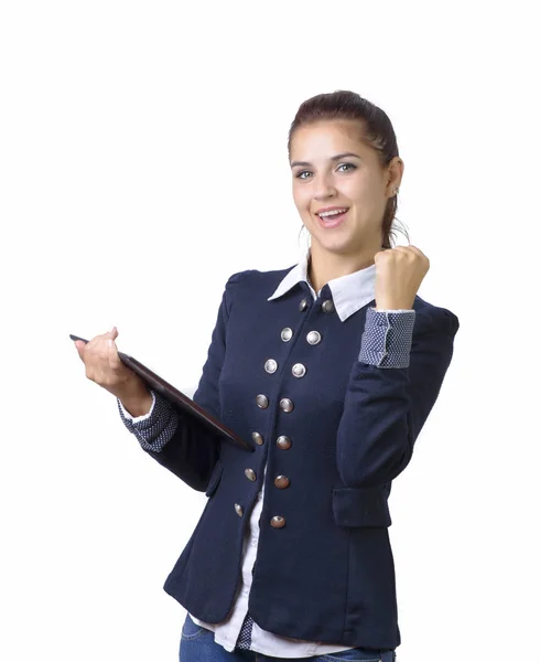Mulher de negócios animado com um pc touch pad — Fotografia de Stock