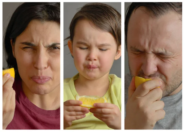 Collage met familie eten van citroen en het maken van gezichten — Stockfoto