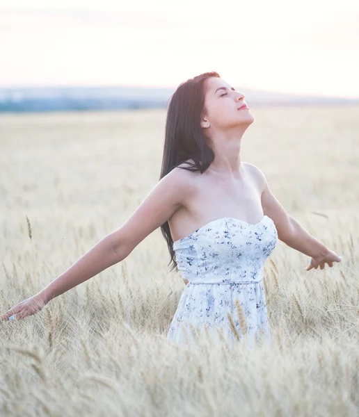 Mooie vrouw in de zomer in tarweveld bij zonsondergang — Stockfoto