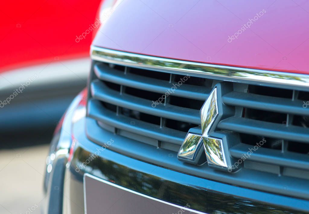 ROMANIA-SEPTEMBER 2 2017 Mitsubishi logo on September 2 2017 in ROMANIA, Logo of a Mitsubishi car displayed in a car show in Galati, Romania;