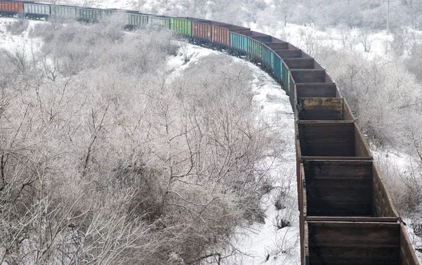 Pohled Shora Nákladní Vlak Vagóny Železnicích Zimě — Stock fotografie
