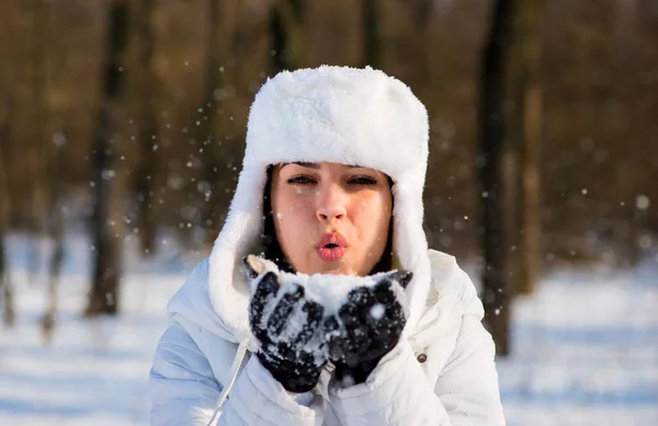 Flickan Parken Vintern Blåser Snöflingor — Stockfoto