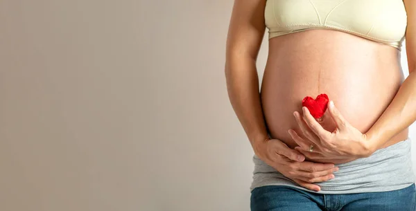 Gesneden Beeld Van Een Mooie Zwangere Vrouw Rood Hart Hand — Stockfoto