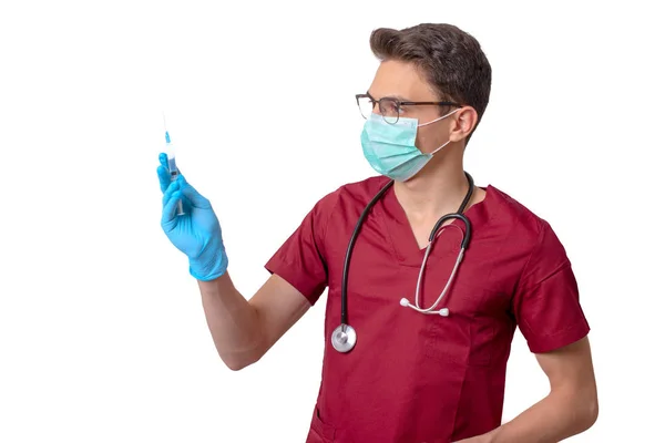 Médico Pie Que Levanta Una Inyección Coloca Máscara Boca Cuelga —  Fotos de Stock