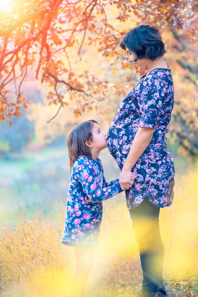 Mutlu Bir Aile Hamile Anne Küçük Kızı Sonbaharda Ormanda Gün — Stok fotoğraf