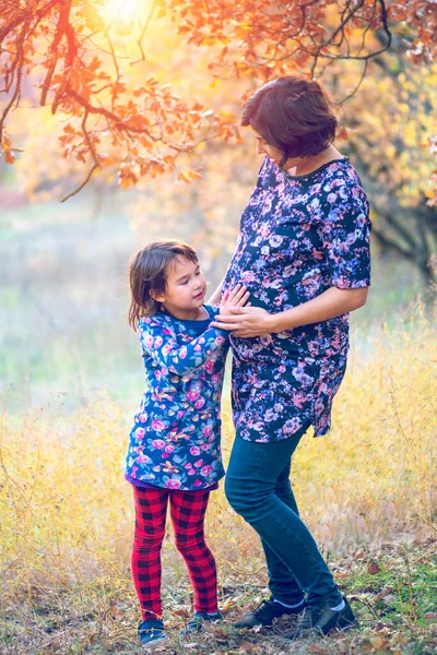 幸せな家族だ 妊娠中の母親と娘は森の秋の日没に抱き合ってキスをします 笑いと幸せと楽しさを — ストック写真