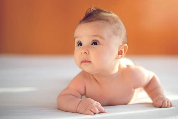 Lindo Bebé Tres Meses Edad Niña Una Cama Sobre Vientre —  Fotos de Stock